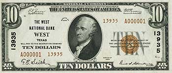 West, TX - $10 1929 Ty. 2 The West NB Ch. # 13935 Serial Number 1