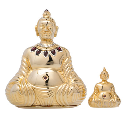 Judith Leiber Set of Two; Half Bead Silver Crystal Buddha Minaudiere Evening Bag & Pillbox
