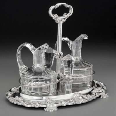 A Portuguese Silver and Cut-Glass Cruet Set, Porto, Portugal, 20th century