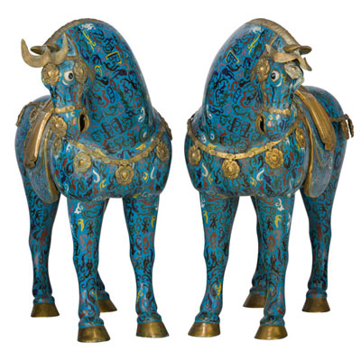 A Pair of Large Chinese Partial Gilt Cloisonné Horses