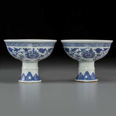 A Pair of Chinese Blue and White Porcelain Stem Bowls, Qing Dynasty, 19th century