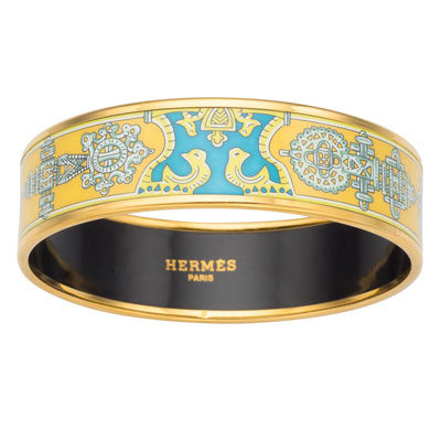 Hermes 60mm Yellow Narrow Printed Enamel Bracelet with Gold Hardware