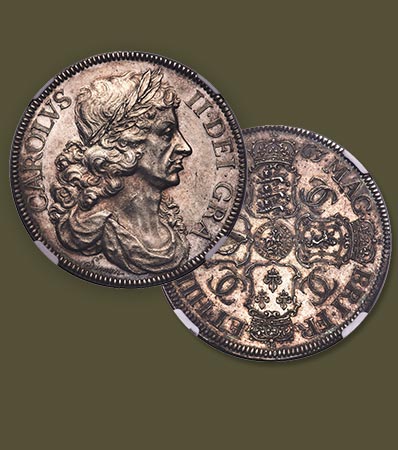 Charles II silver Pattern Petition Crown 1663 MS62 NGC
