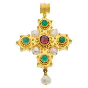 Cultured Pearl, Multi-Stone, Gold Pendant