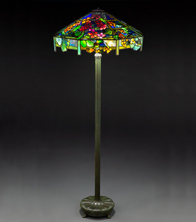 Tiffany Studios Leaded Glass and Patinated Bronze Nasturtium Lattice Floor Lamp, circa 1910