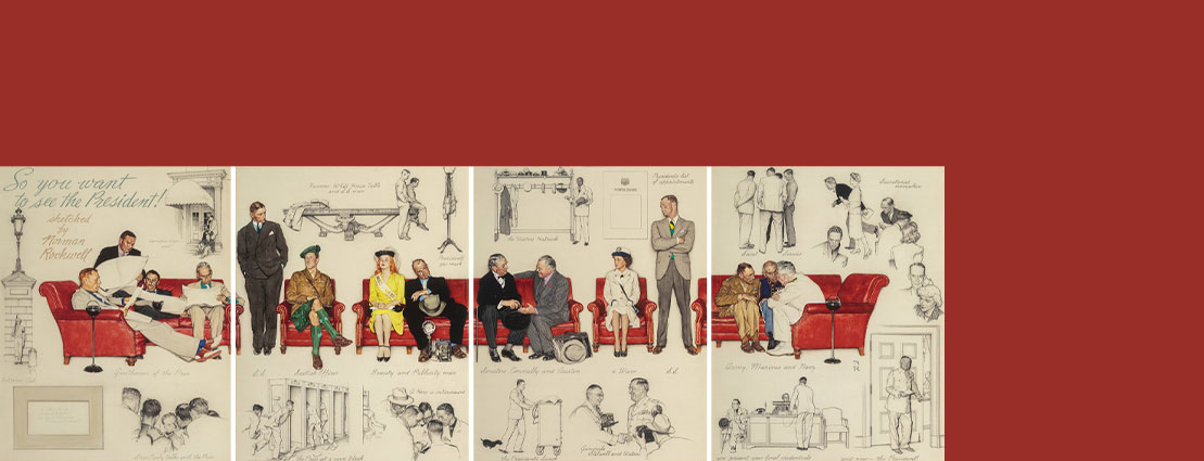 Norman Rockwell (American, 1894-1978) So You Want to See the President!, The Saturday Evening Post interior (complete series; 19 vignettes, 4 sheets), November 13, 1943