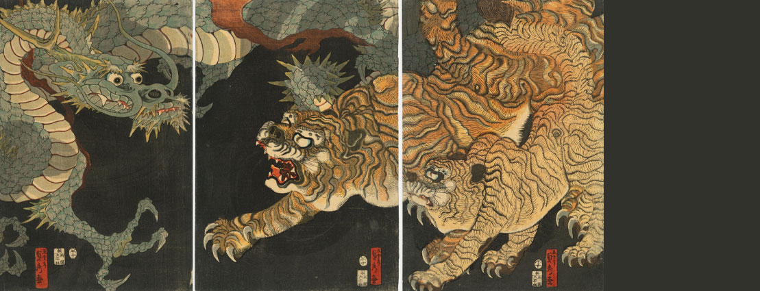 Utagawa Sadahide (Japanese, 1807-1873) Dragon and Tiger (Ryū to Tora) (triptych), circa 1870
