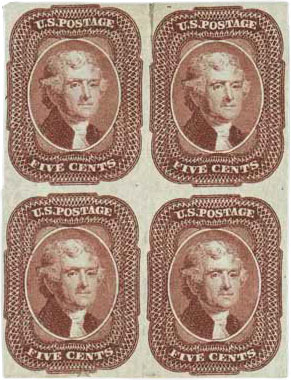 (12) 1856, 5¢ red brown, block of four