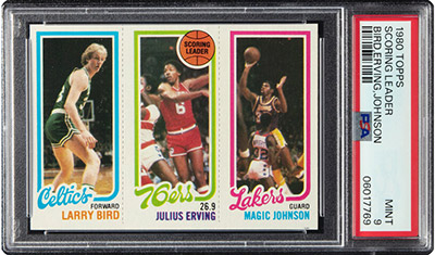 1980 Topps Larry Bird, Julius Erving, Magic Johnson - Scoring Leader, Rookie PSA Mint 9