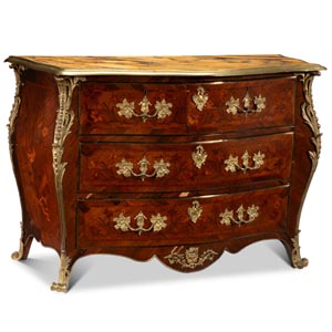 A George III Gilt Bronze-Mounted Mahogany Marquetry Bombé Commode with Siena Marble Top 