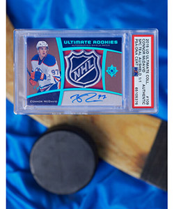 2015 Upper Deck Ultimate Collection Connor McDavid Rookie (Spectrum Teal Autograph Shield) #109 PSA Authentic #'d 1/1