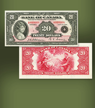 Bank of Canada $20 1935 BC-9a Serial Number 8 PMG Choice Uncirculated 64