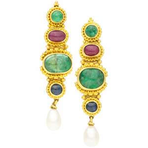 Ruby, Sapphire, Emerald, Cultured Pearl, Gold Earrings 