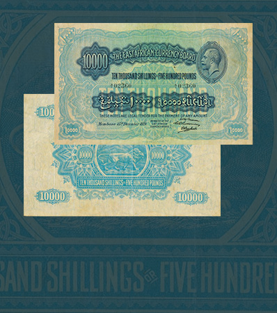 East Africa East African Currency Board 10,000 Shillings = 500 Pounds 15.12.1921 Pick 19 PMG Choice Very Fine 35