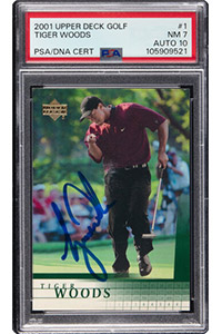 Signed 2001 Upper Deck Golf Tiger Woods Rookie #1 PSA NM 7, PSA/DNA Auto 10