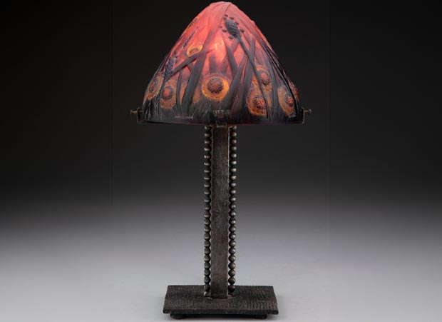 Argy-Rousseau Pâte de Verre and Wrought Iron La Prairie Lamp