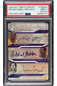 2008 Upper Deck SPx Triple Scripts Kobe Bryant, Kareem Abdul-Jabbar, Jerry West (Autographs) #TSBWA PSA Mint 9, PSA/DNA Auto 9 - #'d 08/25