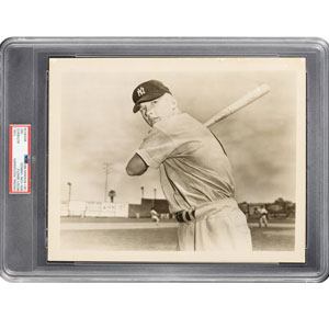 1951 Mickey Mantle, Center fielder, New York Yankees Inc. Official Roster 8 x 10 Action Shot Original Photograph by Bob Olen Used for 1951 Bowman Rookie Card. From the Jack Kramer Collection. PSA/DNA Type 1.  