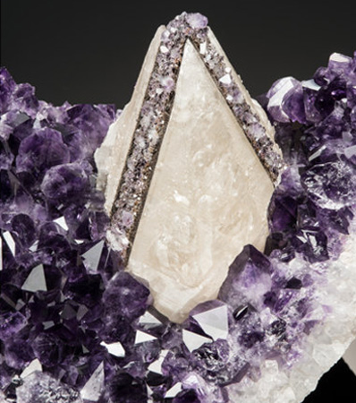 Quartz var. Amethyst with Epitaxial Amethyst & Goethite on Calcite 'Skunk'