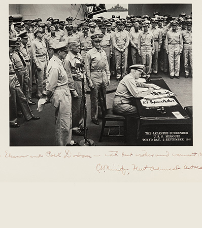 Iconic Original Photograph of the Surrender Signing Aboard the U.S.S. Missouri, Twice-Signed by Admiral Chester Nimitz