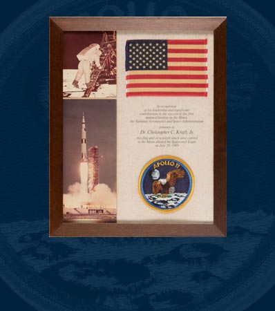 Chris Krafts Apollo 11 Lunar Module Flown American Flag and Embroidered Mission Insignia Patch with Certificate of Authenticity