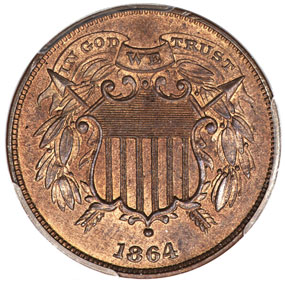 1864 Small Motto Two CentPR65 Red and Brown PCGS