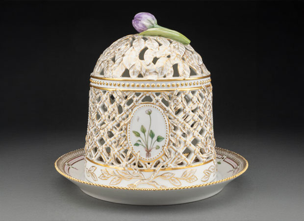 A Two-Piece Royal Copenhagen Flora Danica Pattern Partial Gilt Porcelain Ice Cream Dome and Stand
