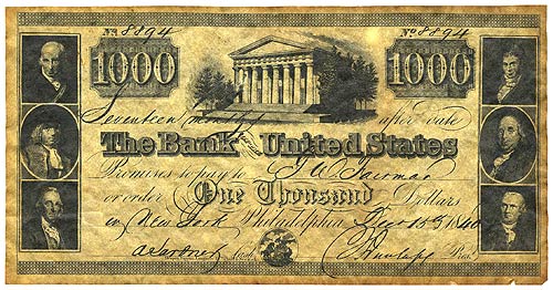 The Bank of United States $1000 1840 - Obverse