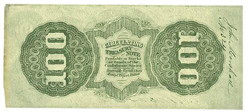 Confederate States of America $100 1862 - Reverse