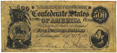 Confederate States of America $500 1864 - Obverse