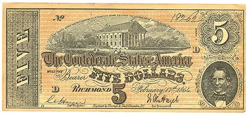 Confederate States of America $5 1864 - Obverse