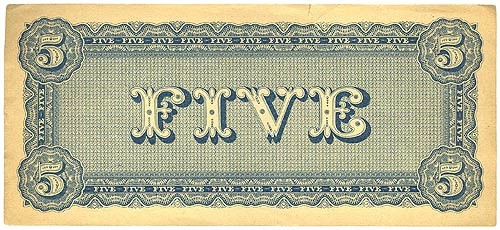 Confederate States of America $5 1864 - Reverse