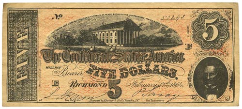 Confederate States of America $5 1864 - Obverse
