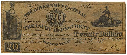 The Government of Texas $20 1838 - Obverse