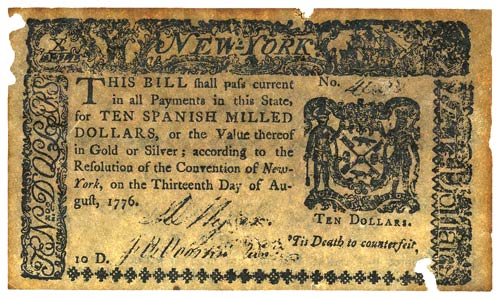 New York Currency $10 1776 - Obverse