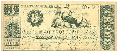 Republic of Texas $3 1840 - Obverse