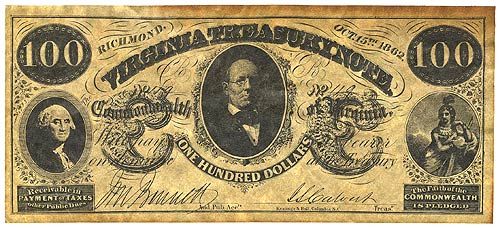 Virginia Treasury Note $100 1862 - Obverse